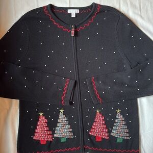 Charter Club Christmas Tree Ribbon Embroidery Sweater Cardigan